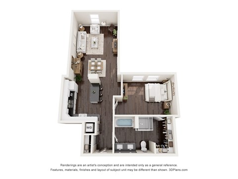 Floor plan for 1 bed, 1 bath, 890 sqft
